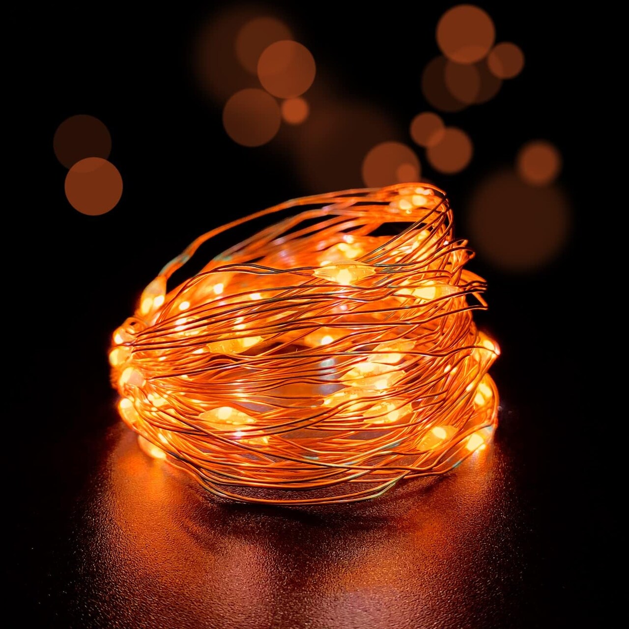 Set of 2 Orange Mini LED Fairy Lights – 30 LEDs, 10ft Silver Wire, Battery Operated with Timer (Orange Color)